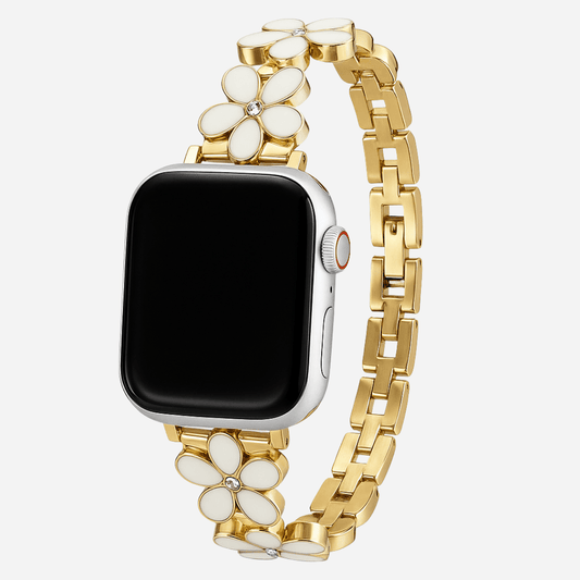 01 Apple Watch Metallarmband Flora Gold Weiß, Blumen, Freisteller