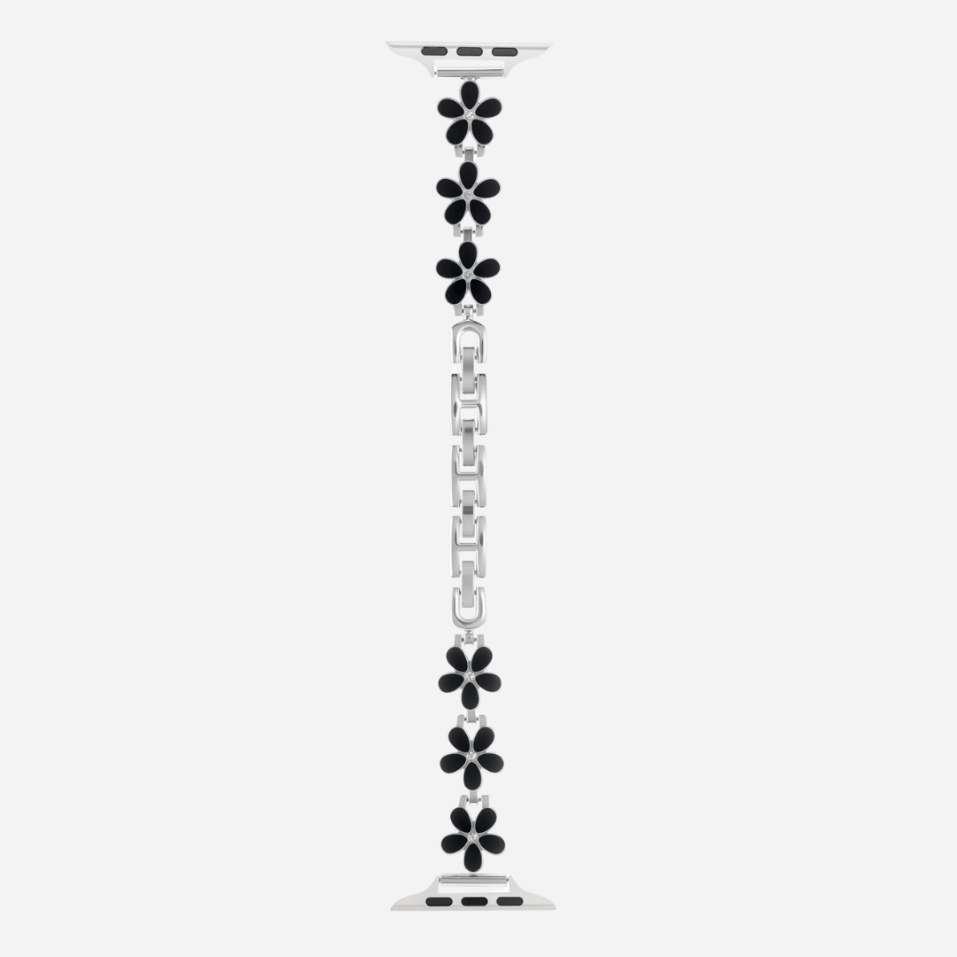 01 Apple Watch Metallarmband Flora Silber Schwarz, Blumen, Freisteller