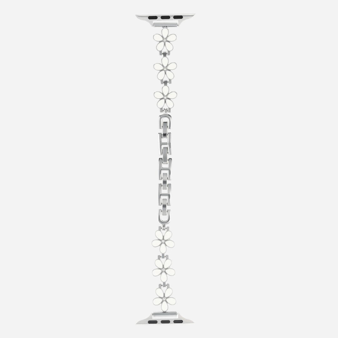 01 Apple Watch Metallarmband Flora Silber Weiß, Blumen, Freisteller